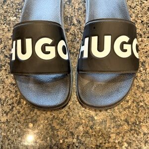 Men's size 10 Hugo slides , worn once indoors , black with white raised letters